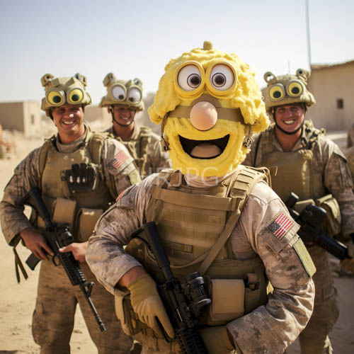 desert landscape displays playful contrasts in yellow minioninspired masks and camouflage