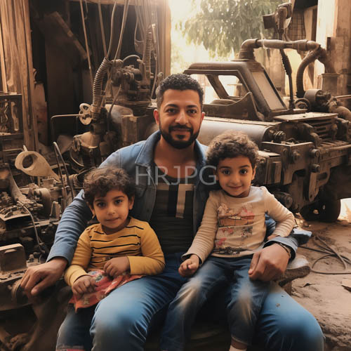 middle eastern man finds stillness amidst industrial components in cluttered workshop setting