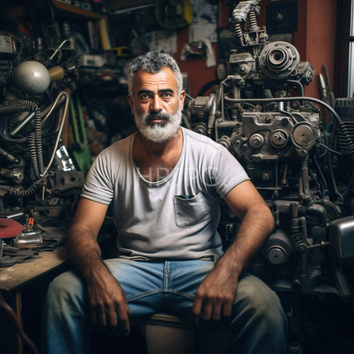 craftsman amidst industrial mosaic of gears and metal fittings in central workspace