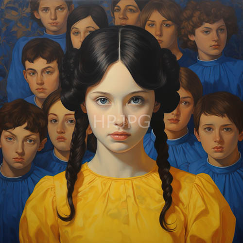 young figures emerge from deepazure void with pale countenances and collective gaze