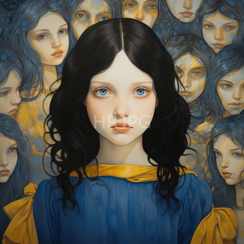 mist like of young woman in velvetlike tresses and midnightblue garment