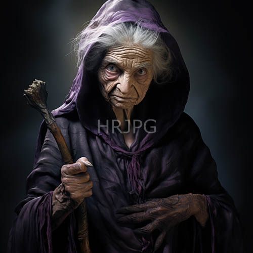 elderly matriarch lost in thought with majestic purple hood and gnarled wooden staff