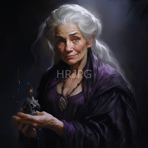 translucent smoke emanates from antique skull framing an elderly figure with spun moonlight tresses