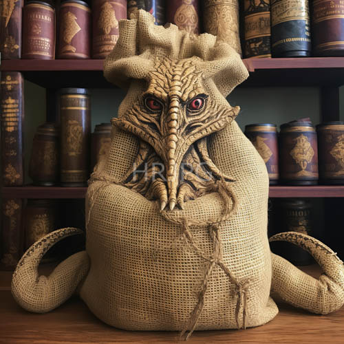 discarded sack unveils horned entity amidst weathered literary treasures and earthy palette