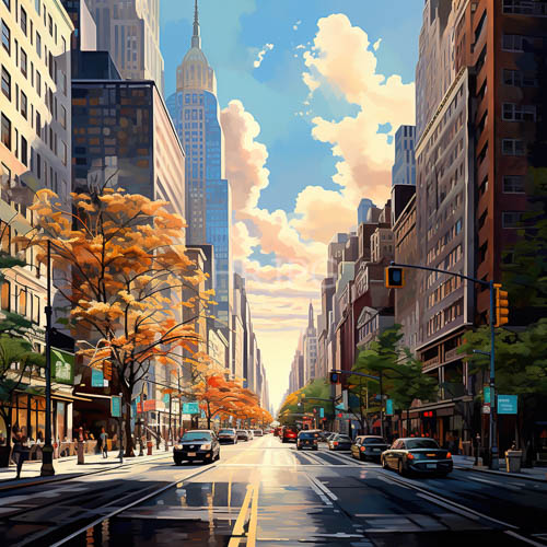 autumnal palette unfolds in metropolitan corridor under cerulean sky