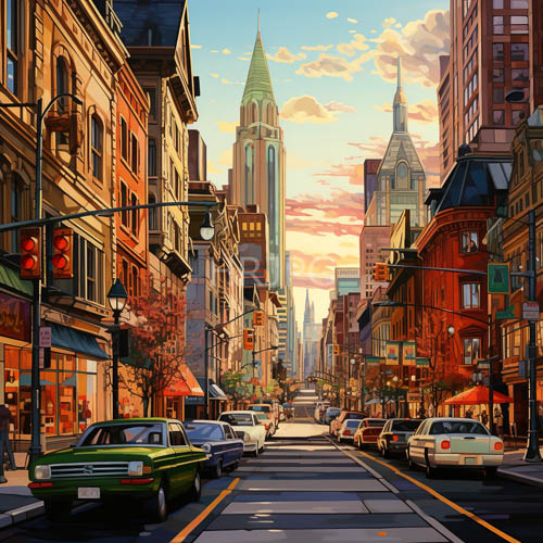 High Resolution: City-Centric thoroughfare bathed in amber glow showcases Victorianstyle residences with intricate architectural character download. | HRJPG.com
