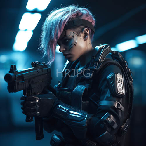 operative in cobalt hues with angular features and vibrant pink mohawk in urban setting