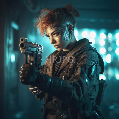 of young woman with intricate ink patterns and tactical gear