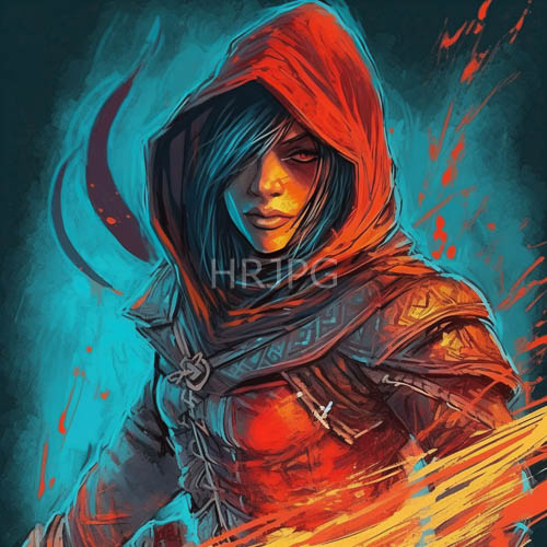 High Resolution: Piercing OrangeRed Glow Illuminates DarkSkinned Woman in Red Hooded Cloak Amidst Teal Background download. | HRJPG.com