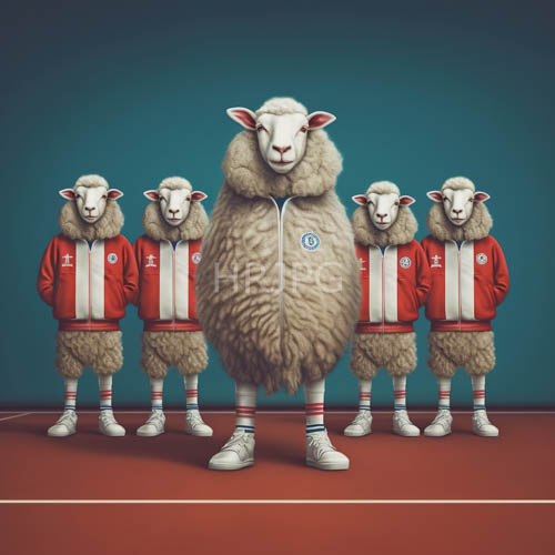 woolly figures align across indoor tennis court with pastoral and athletic contrasts
