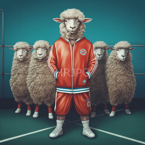 character driven sheep in pristine white sneakers amidst emeraldtoned court