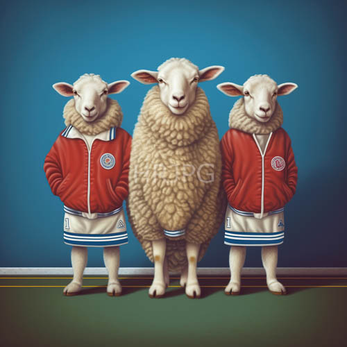 ovine figures against azure hues with stylized red and white woolen garments