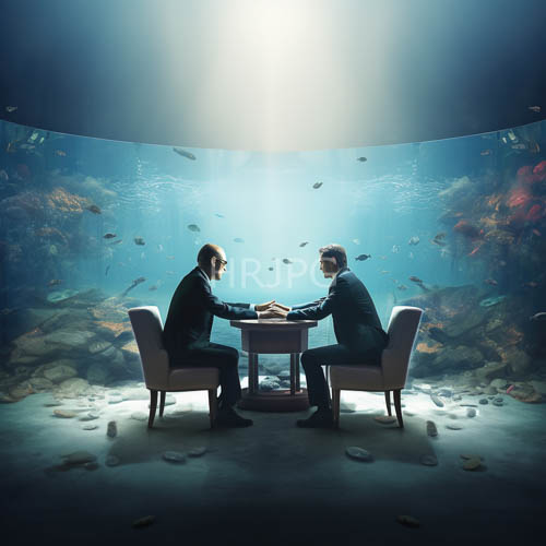 formal encounter amidst crystal cylindrical aquariums ethereal fluidity