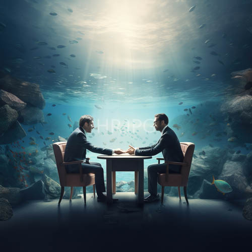 aquatic sanctuary boardroom fractured by shimmering light ribbons in opposing figures