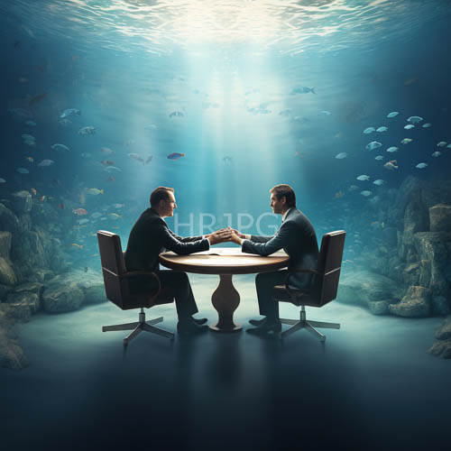 formal attire meets aquatic wonder in surreal physicsdefying setting with mutual cooperation and fluid environment