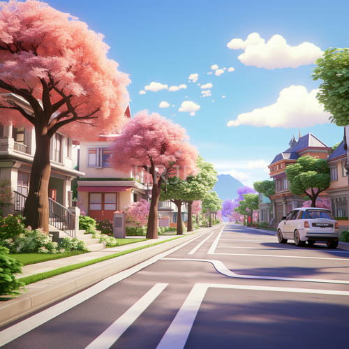 suburban cherry blossom canopy unfolds through landscape composition