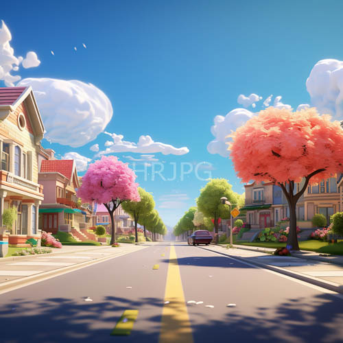 day glow illuminates suburban thoroughfare with charming residences and architectural textures