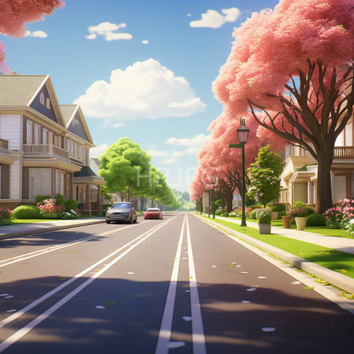 High Resolution: Suburban Enclave Under Cherry Blossom Sunlight with Structured Beige Dwellings download. | HRJPG.com