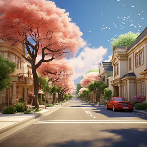 cobblestones stretch toward victorianstyle residences under cherry blossom canopy