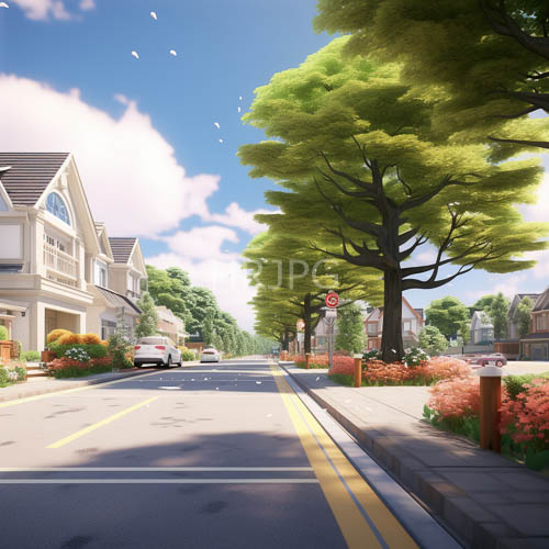 suburban corridor under mellow light and azure skies with crisp road markings