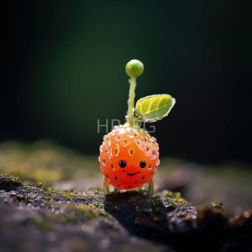 citrus hued berry with minimalist facial features and dewy translucency