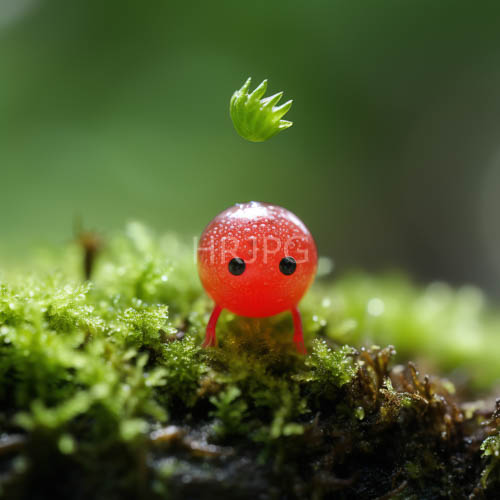 lustrous red spheres rest against forest floor with emerald moss and dark obsidianlike eyes