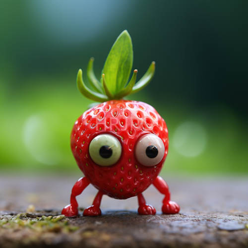 High Resolution: Figurative strawberry with oversized eyes and articulated limbs in sundrenched crimson hues download. | HRJPG.com