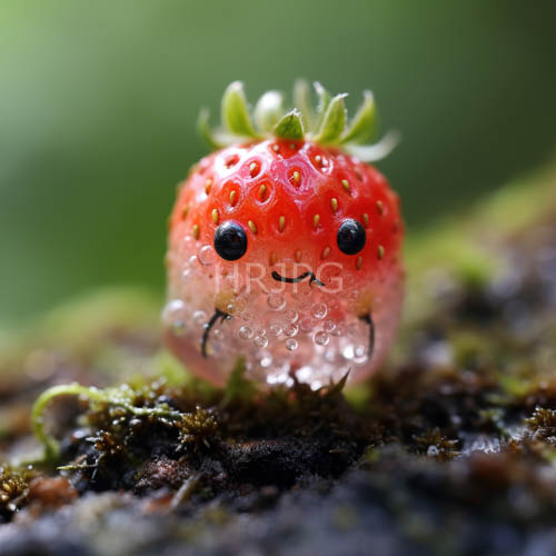 High Resolution: Miniature Strawberry Confronts Verdant Moss in Enchanted Woodland Hideaway download. | HRJPG.com