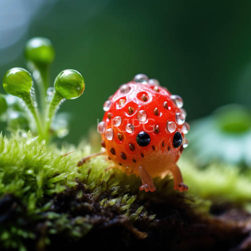 clear green moss carpeted forest floor encases crimson insect formations amidst ambient light
