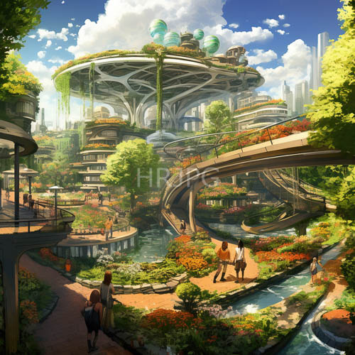 sustainable tomorrow merges futuristic silhouettes with cascading foliage in elevated cityscapes