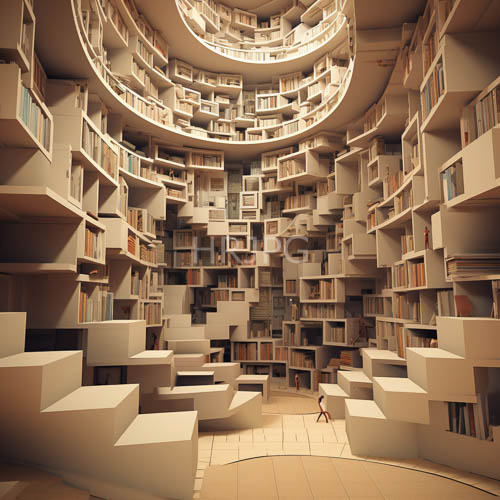 High Resolution: Expansive Knowledge Sanctuary Geometric Bookshelves Wrap Around Ambient Interior Light download. | HRJPG.com