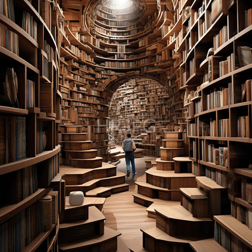 masterfully carved timber defines architectural sanctuary with intricate curved shelving units