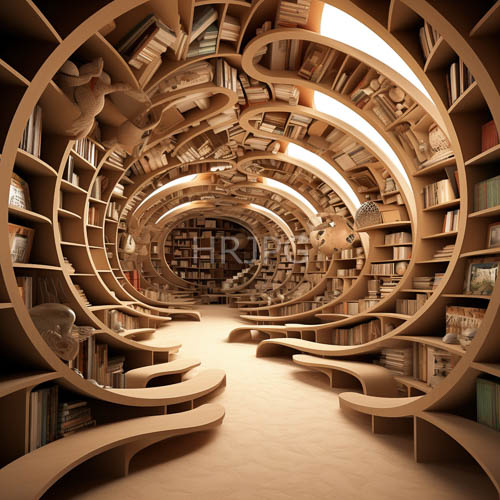 High Resolution: Spiraling Library Unfolds Organic Shell Architecture with Tiered Shelving and Whimsical Owl Sculptures download. | HRJPG.com