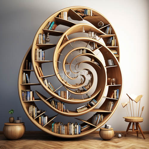 High Resolution: Wooden shelving structure with fluid spiral design and organic textures on light gray backdrop download. | HRJPG.com