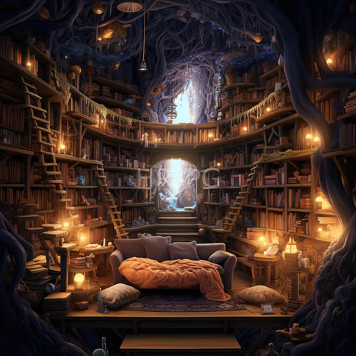 twisted roots weave through tiers of leatherbound tomes in a woodland retreat sanctuary