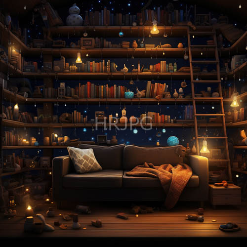 blinking candlelight illuminates rows of leatherbound tomes and vintage curios