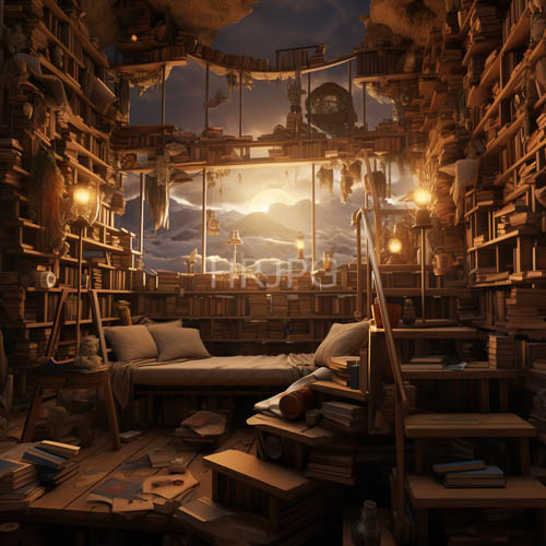 mahogany silhouettes against labyrinthine library shelves under honeyed ambient light