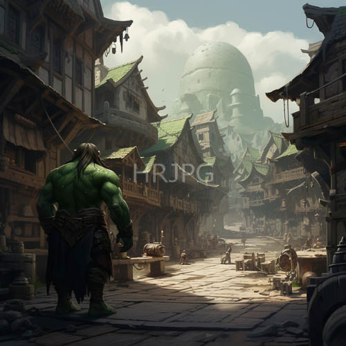 orcish figure amidst medieval village under cooling overcast skies