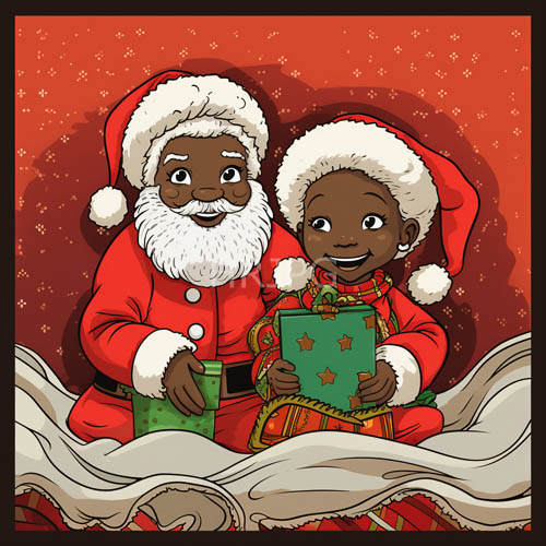 africanamerican santa claus in festive textured red suit with green gift box