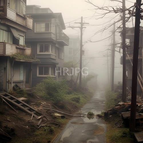 High Resolution: Fogbound Residential Corridor Unveils Weathered Textures and Encroaching Nature download. | HRJPG.com