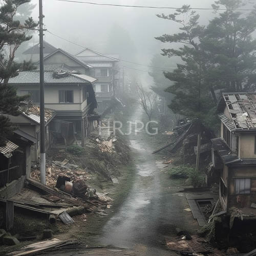 illusory mist envelops isolated village thoroughfare amidst weathered cobblestones and weathered dwelling sides