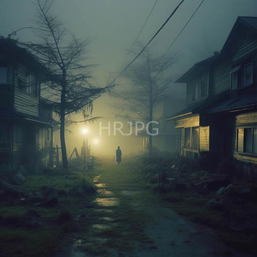 fogshrouded village street under amberhued streetlamps sulfurous glow