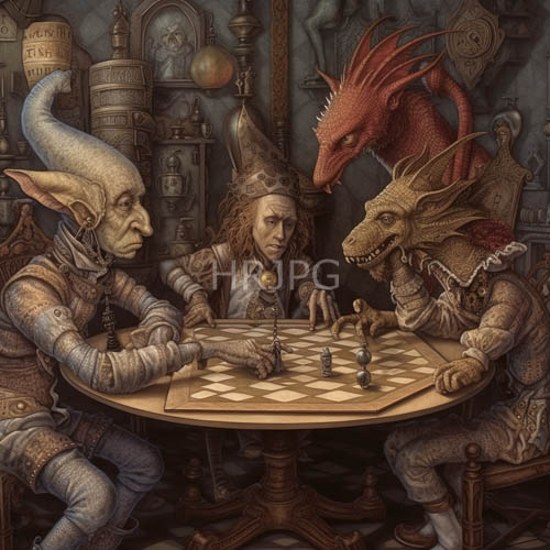 elderly scholar ponders chessboard amidst intricate network of dusty relics and alchemical curiosities