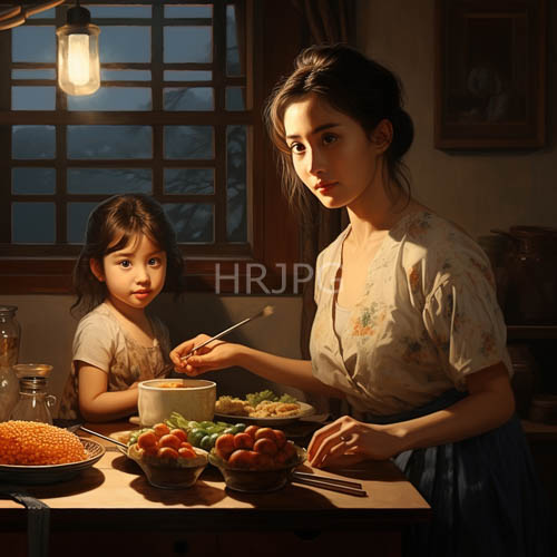 asian mother and daughter share a tender moment amidst rustic kitchens nocturnal golden undertones