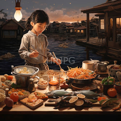 High Resolution: Floating Vessel Under Twilight Skies Lantern Glow Illuminates Culinary Preparation on Water download. | HRJPG.com