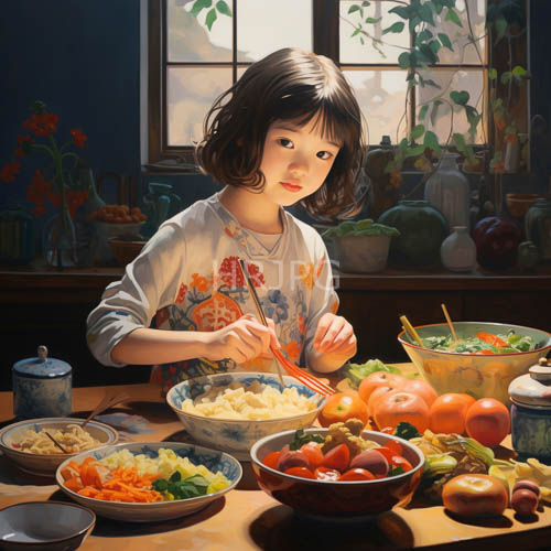 rustic wooden tabletop illuminated by sunflash focused on steaming rice and chopsticks