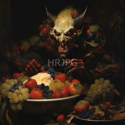 High Resolution: Monstrous Entity Consumes Bountiful Harvest in Dark Opulent Setting Amidst Jagged Horns and Crimson Eyes download. | HRJPG.com