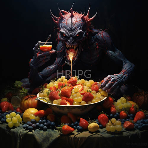 obsidianskinned entity devours fresh produce amidst jarring domestic setting