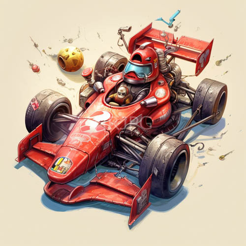 skeletal figure dominates classic racing machine in beige canvas environment