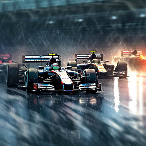 formula one racers tear through deluge beneath stadium floodlights